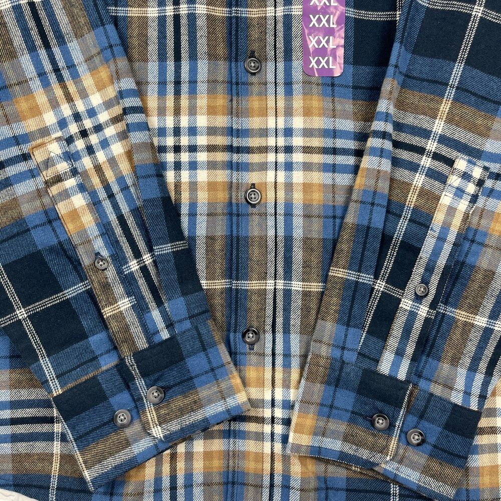 Eddie Bauer Men’s Flannel Shirt XXL Blue Brown Plaid Long Sleeve Button-Up NWT - Picture 4 of 11